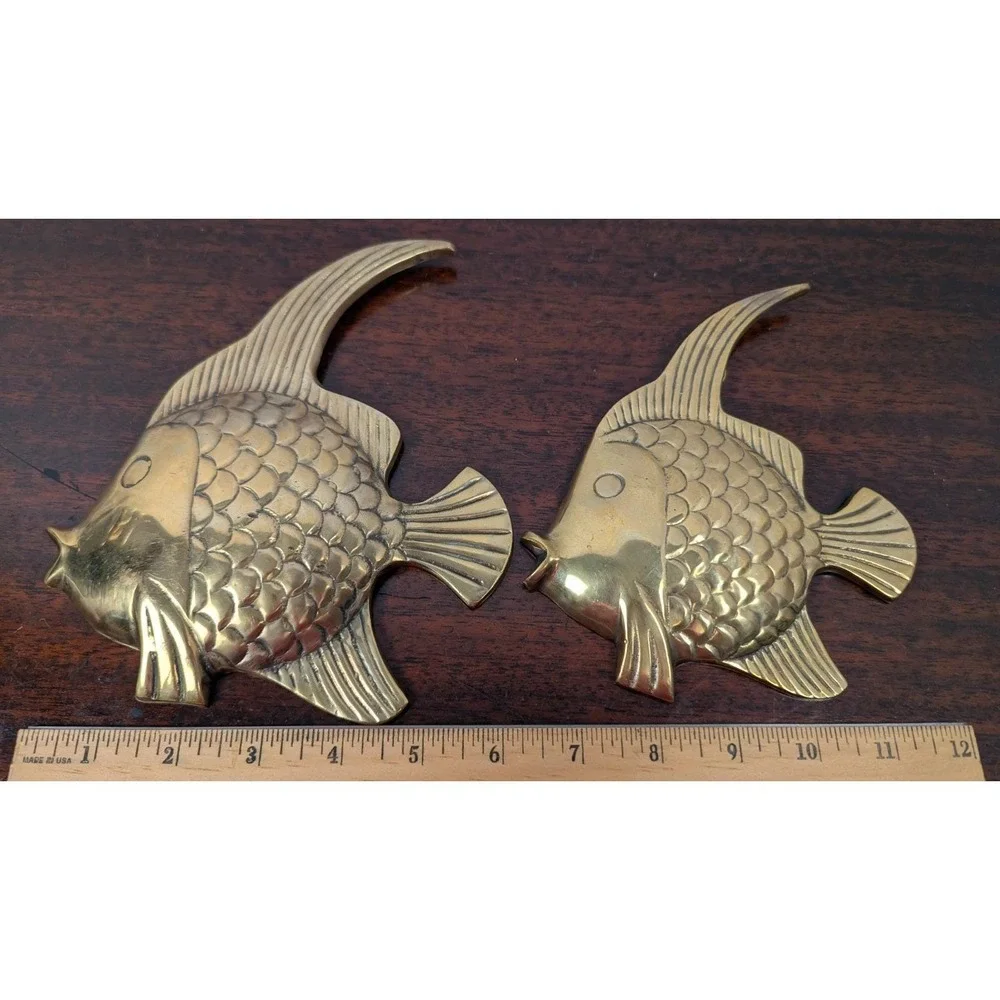 Vintage Brass Tropical Fish Wall Hanging Set of 2 Mid Century Coastal Nautical